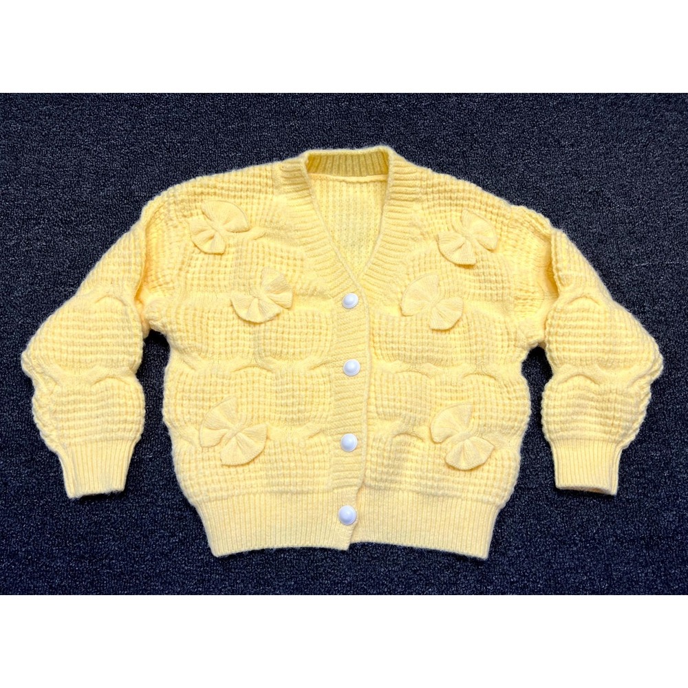 Shein Cardigan Sweater Girls 5Y Yellow Knitted Textured Bow Accent Button Front